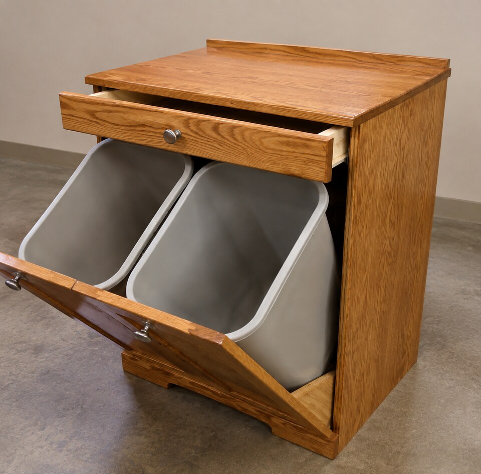 Custom built solid oak cabinetry with tilt-out bins
