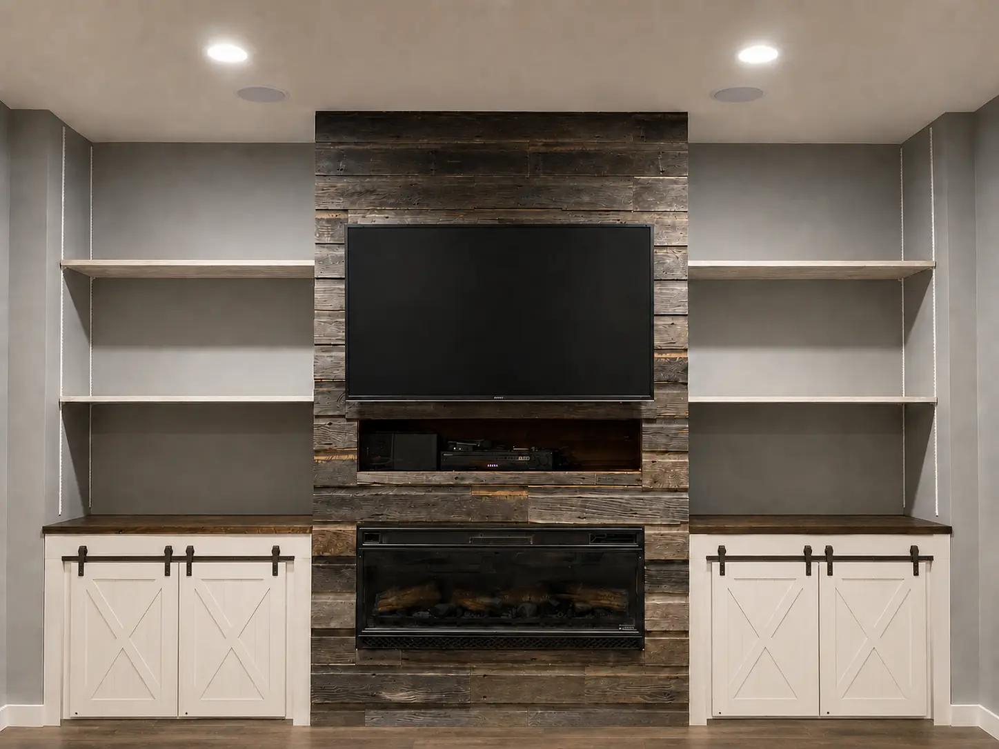 Built-in entertainment wall with reclaimed-wood fireplace surround and flanking shelving